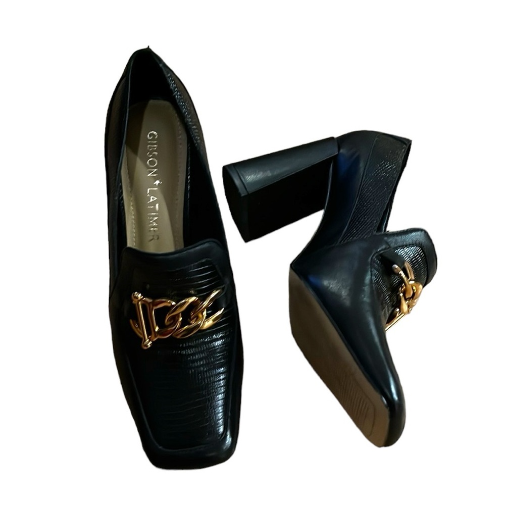 GIBSON & LATIMER RITAH LIZARD EMBOSSED LEATHER CHUNKY BLOCK HEELS BLACK SIZE 7.5